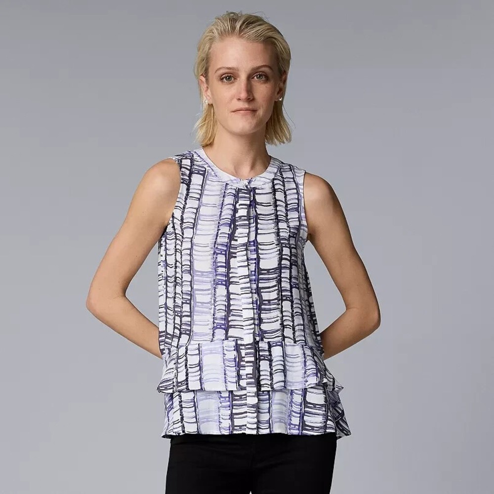 Simply‎ Vera Wang Top Women L Purple White Button Up Ruffle Flounce Top Tropical